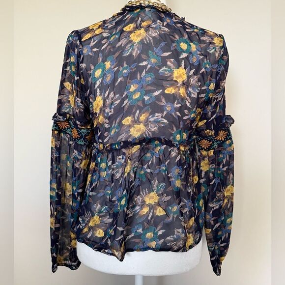 Meadow Rue Strasser Embroidered Peasant Blouse Small Blue Anthropologie XXS - Picture 6 of 13